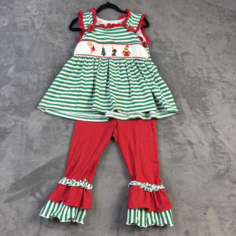 Boutique Christmas Outfit Set Toddler‎ Girls 2T Smocked Holiday Reindeer Grinch
